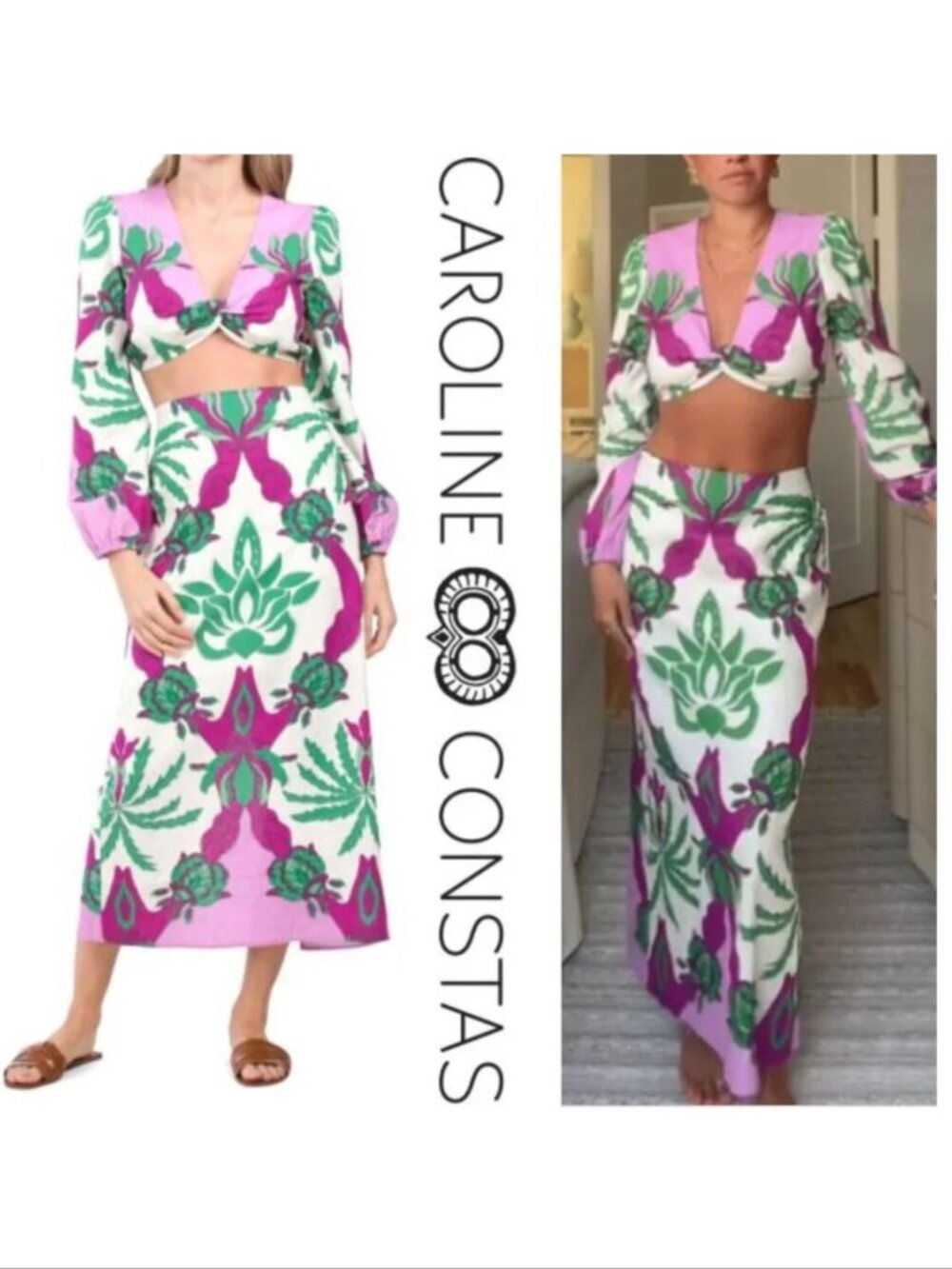 Caroline Constas Twist Front Crop Top & Midi Skirt SET L Linen Blend Floral NEW
